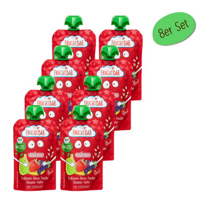 Bio Quetschie Kleiner Schatz - Erdbeere, Birne, Traube, Banane, Hafer - FruchtBar - 8er Vorratspack - Vorderseite