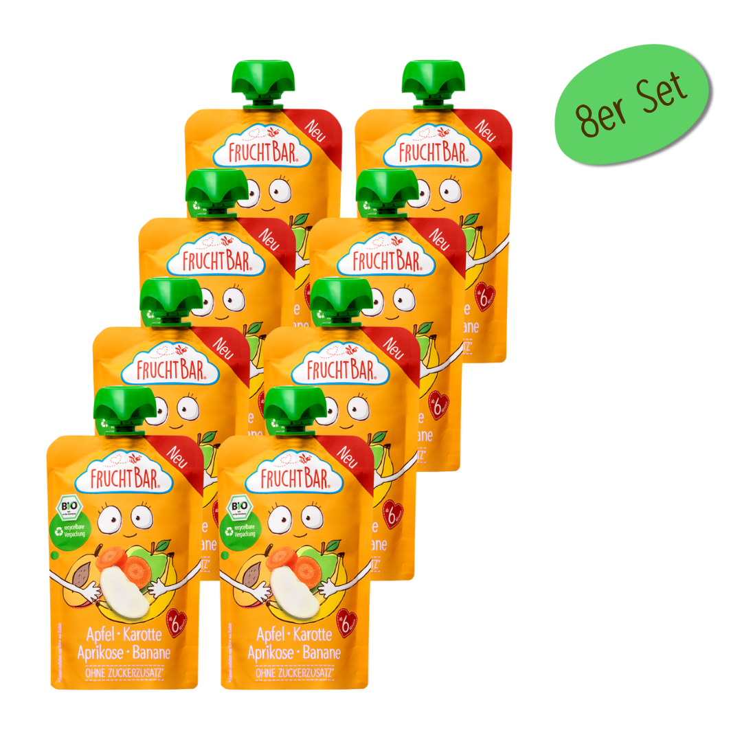 Bio Quetschie Apfel, Karotte, Aprikose, Banane - FruchtBar - 8er Vorratspack - Vorderseite
