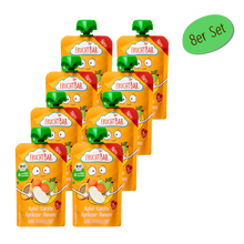 Bio Quetschie Apfel, Karotte, Aprikose, Banane - FruchtBar - 8er Vorratspack - Vorderseite