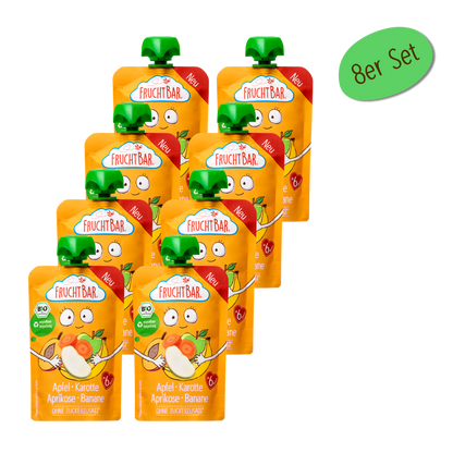 Bio Quetschie Apfel, Karotte, Aprikose, Banane - FruchtBar - 8er Vorratspack - Vorderseite