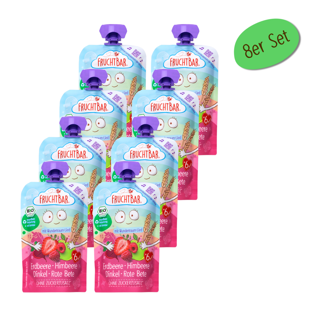 Bio Quetschie Erdbeere, Himbeere, Dinkel, Rote Bete - FruchtBar - 8er Vorratspack - Vorderseite