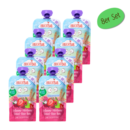 Bio Quetschie Erdbeere, Himbeere, Dinkel, Rote Bete - FruchtBar - 8er Vorratspack - Vorderseite