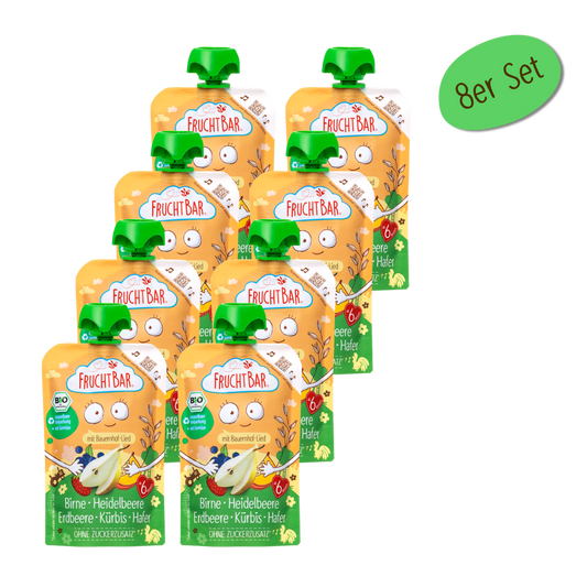 Bio Quetschie Birne, Heidelbeere, Erdbeere, Kürbis, Hafer - FruchtBar - 8er Vorratspack - Vorderseite