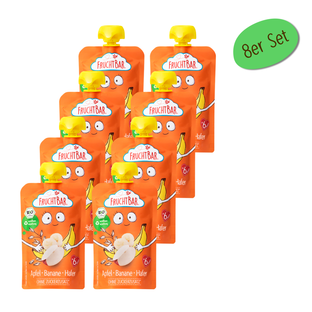 Bio Quetschie Apfel, Banane, Hafer - FruchtBar - 8er Vorratspack - Vorderseite
