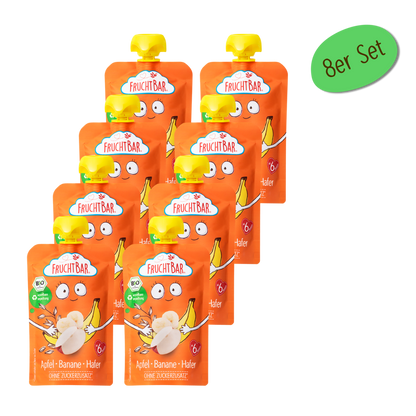 Bio Quetschie Apfel, Banane, Hafer - FruchtBar - 8er Vorratspack - Vorderseite