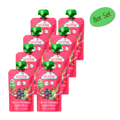 Bio Quetschie Erdbeere, Heidelbeere, Apfel, Vollkorn - FruchtBar - 8er Vorratspack - Vorderseite