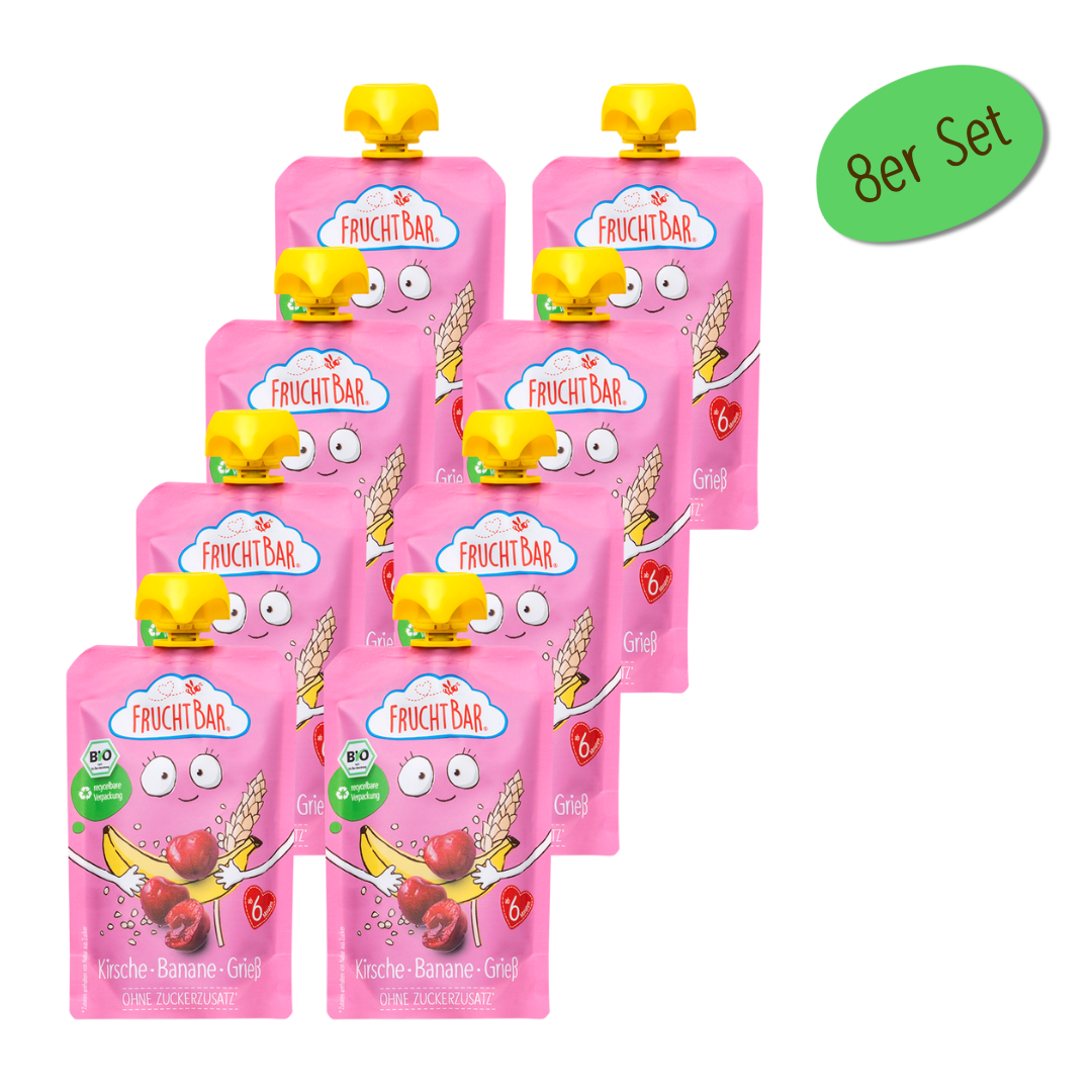 Bio Quetschie Himbeere, Heidelbeere, Traube, Banane, Apfel, Hafer - FruchtBar - 8er Vorratspack - Vorderseite