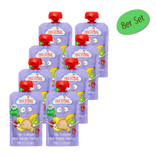 Bio Quetschie Kiwi, Erdbeere, Birne, Banane, Zwieback - FruchtBar - 8er Vorratspack - Vorderseite
