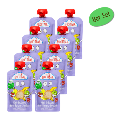 Bio Quetschie Kiwi, Erdbeere, Birne, Banane, Zwieback - FruchtBar - 8er Vorratspack - Vorderseite
