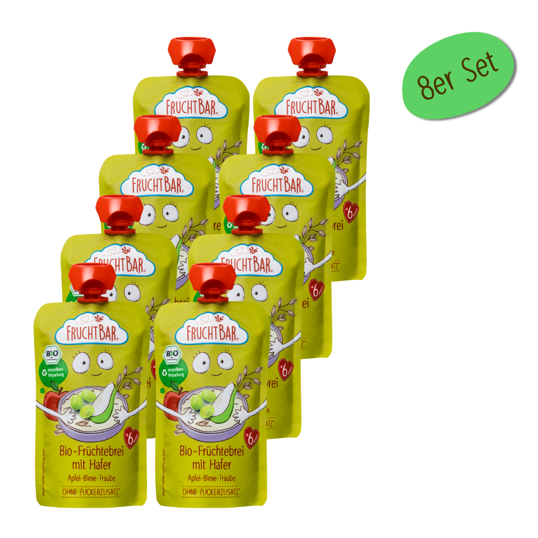 Bio Quetschie Früchte-Haferbrei Apfel, Birne, Traube, 120g - FruchtBar - 8er Vorratspack - Vorderseite