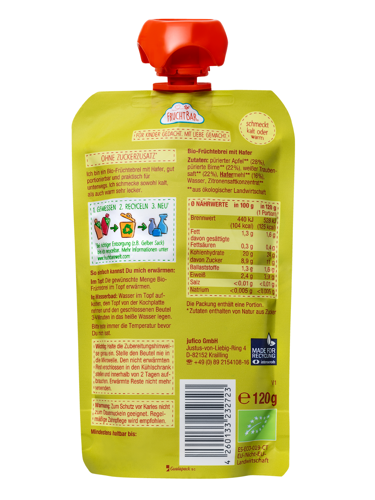 Bio Quetschie Früchte-Haferbrei Apfel, Birne, Traube, 120g - FruchtBar - Einzelstück - Rückseite