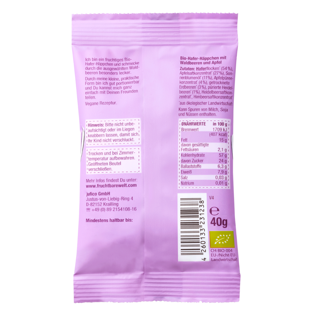 Bio Hafer Häppchen Waldbeeren, Apfel, Hafer Rückseite