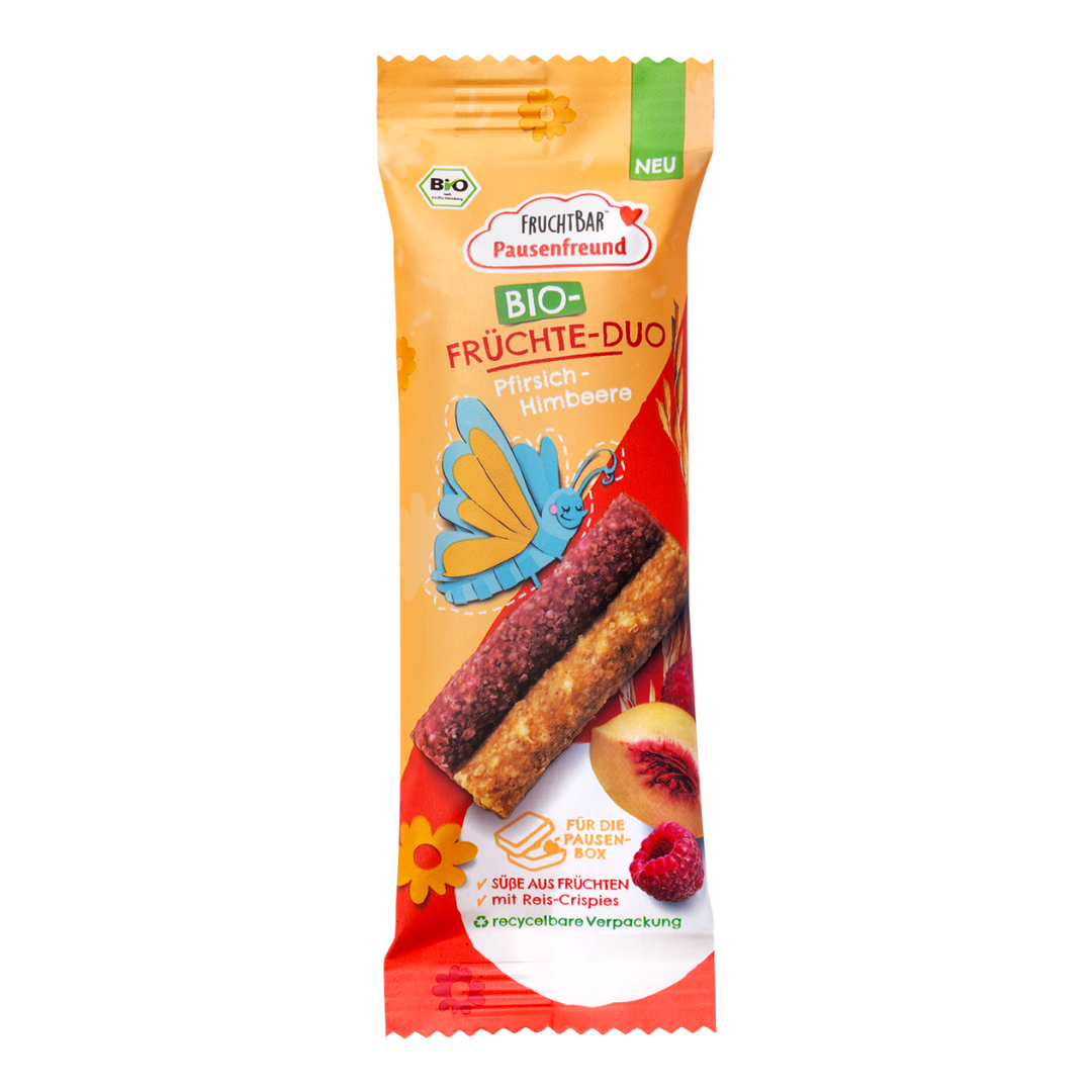 Bio Früchte Duo Pfirsich Himbeere  - FruchtBar Pausenfreund - Einzelstück - Vorderseite