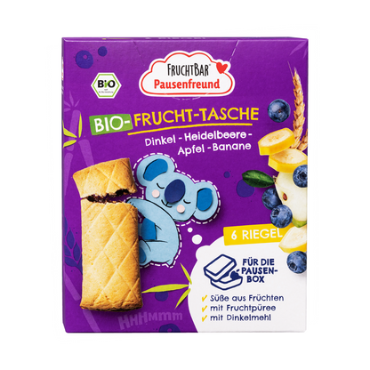 Bio Frucht Tasche Dinkel, Blaubeere, Apfel, Banane  - FruchtBar Pausenfreund - Einzelstück - Vorderseite