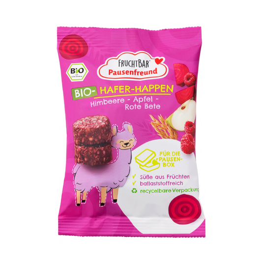 Bio Hafer Happen Himbeere, Apfel, Rote Bete - FruchtBar Pausenfreund - Einzelstück - Vorderseite