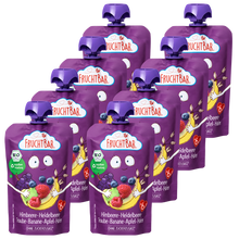 Bio Quetschie Himbeere, Heidelbeere, Traube, Banane, Apfel, Hafer - FruchtBar - 8er Vorratspack - Vorderseite