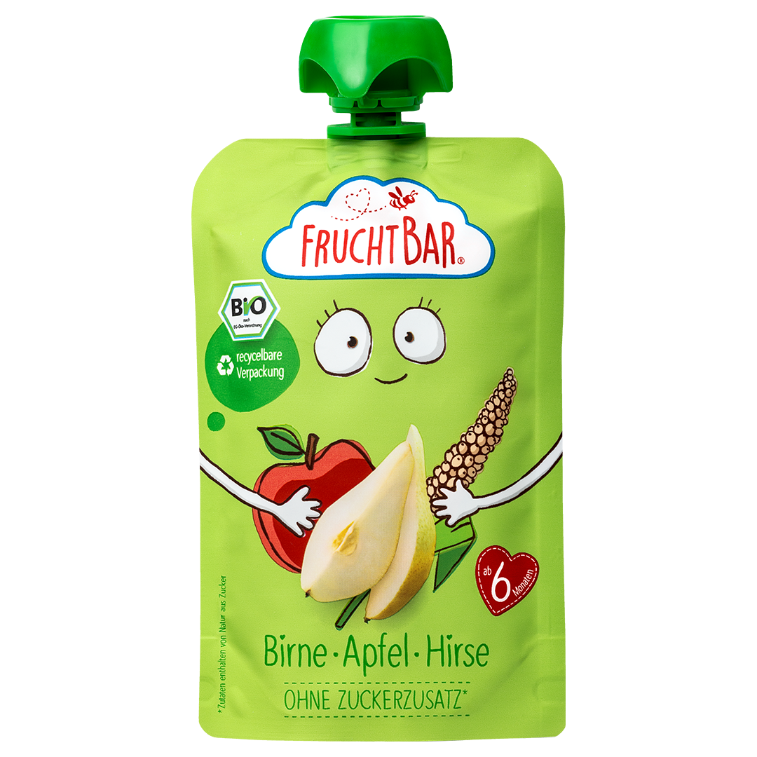 Bio Quetschie Birne, Apfel, Hirse - FruchtBar - Einzelstück - Vorderseite