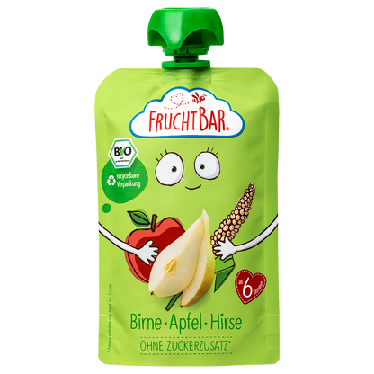 Bio Quetschie Birne, Apfel, Hirse - FruchtBar - Einzelstück - Vorderseite