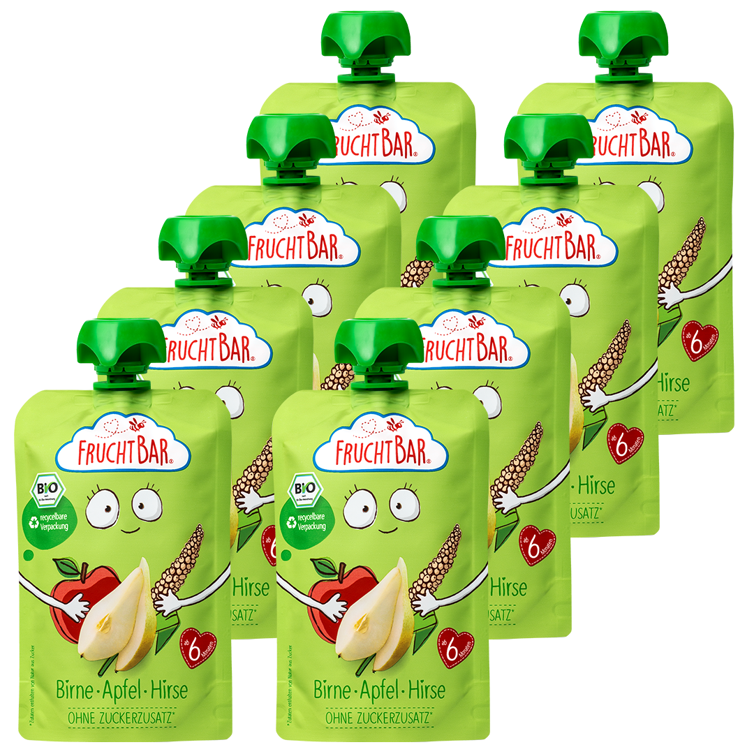 Bio Quetschie Birne, Apfel, Hirse - FruchtBar - 8er Vorratspack - Vorderseite