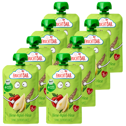 Bio Quetschie Birne, Apfel, Hirse - FruchtBar - 8er Vorratspack - Vorderseite
