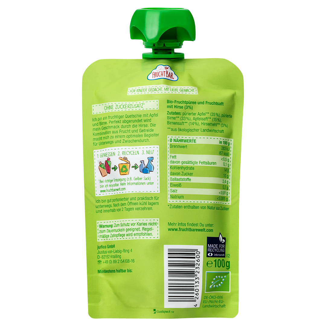 Bio Quetschie Birne, Apfel, Hirse - FruchtBar - Einzelstück - Rückseite