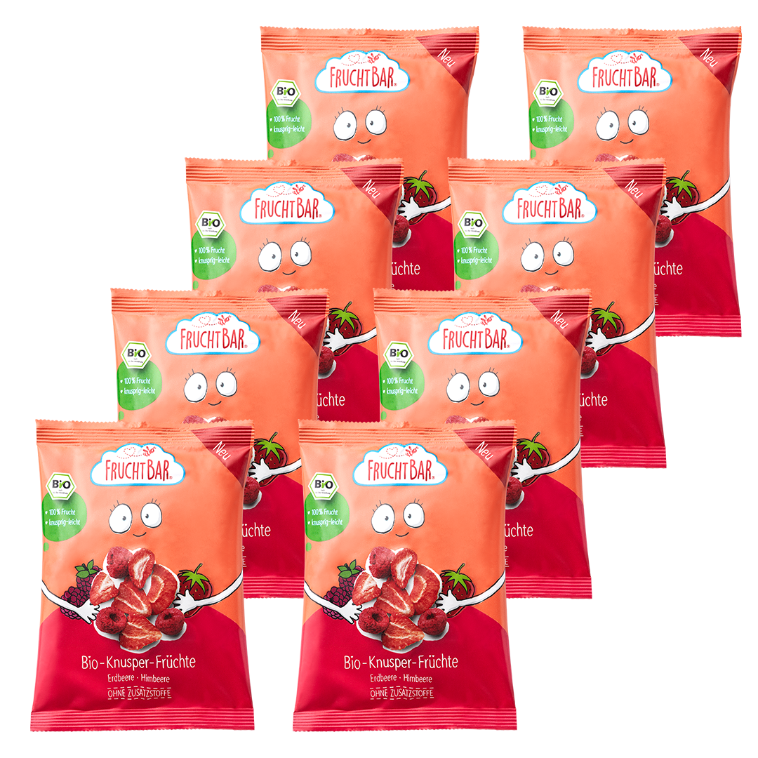 Bio Knusper Früchte Erdbeere, Himbeere - FruchtBar - 10er Vorratspack - Vorderseite