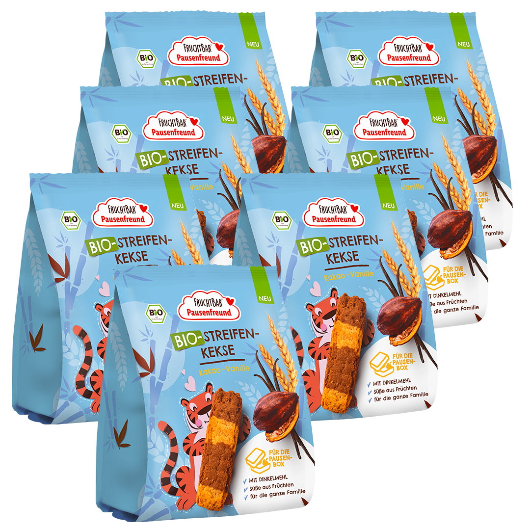 Bio Streifen Kekse - FruchtBar Pausenfreund - Vorteilspack - Vorderseite