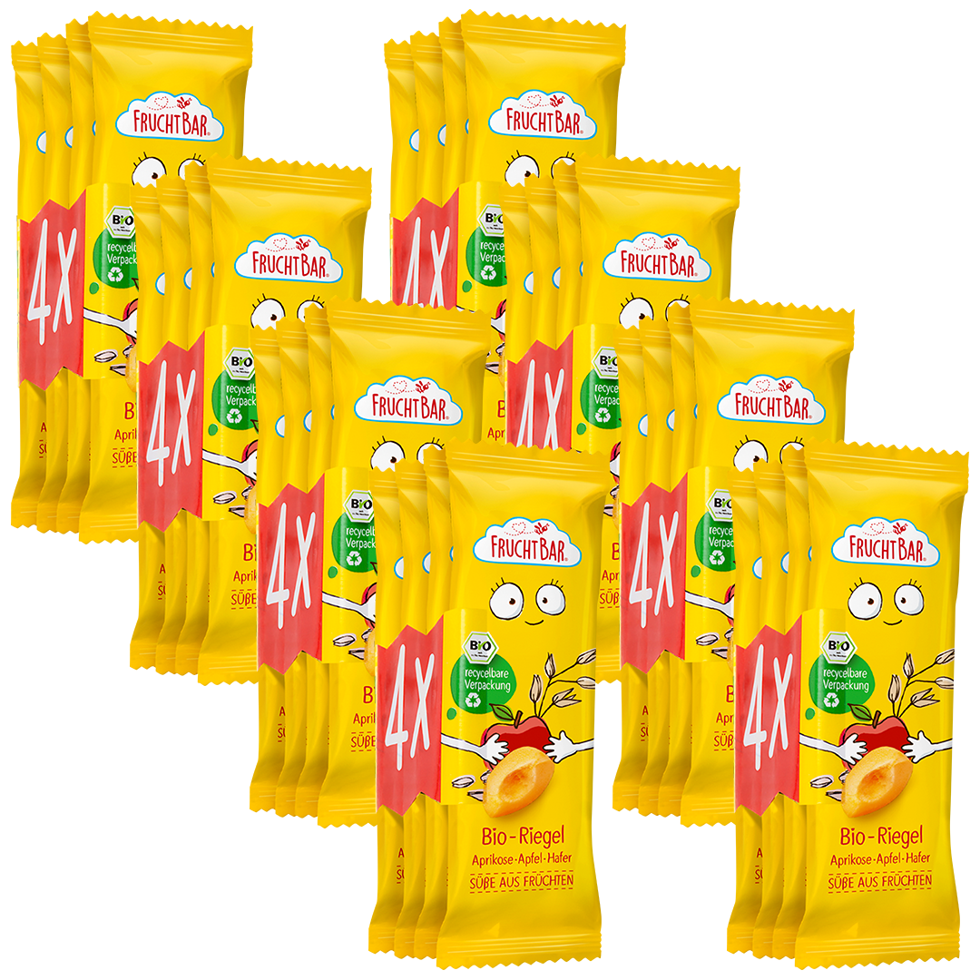 Bio Riegel Aprikose, Apfel, Hafer  - FruchtBar - 8er Vorratspack - Vorderseite