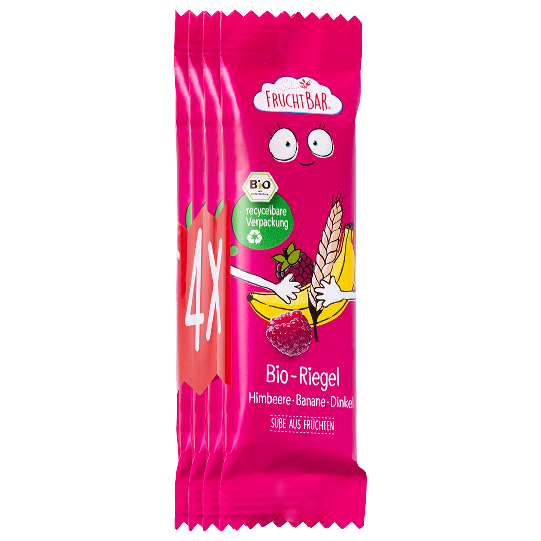 Bio Riegel Himbeere, Banane, Dinkel - FruchtBar - 4er Bundle - Vorderseite