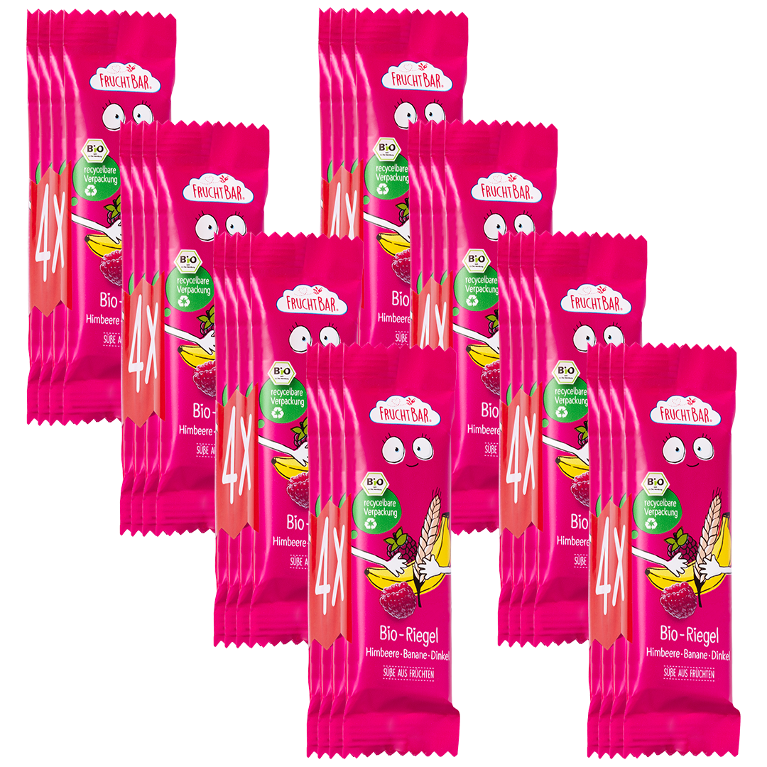 Bio Riegel Himbeere, Banane, Dinkel - FruchtBar - 8er Vorratspack - Vorderseite
