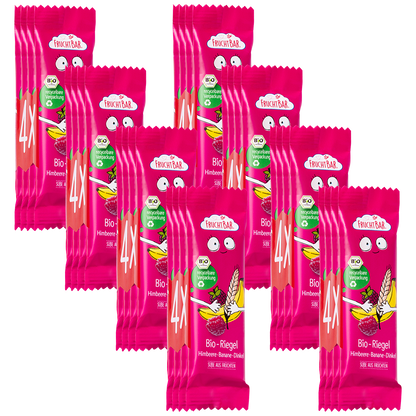 Bio Riegel Himbeere, Banane, Dinkel - FruchtBar - 8er Vorratspack - Vorderseite