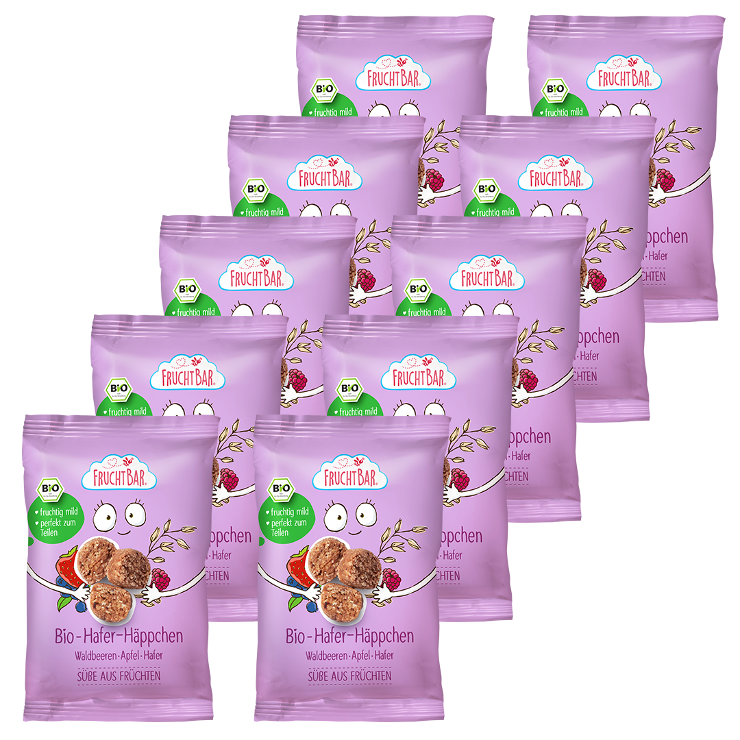 Bio Hafer Häppchen Waldbeeren, Apfel, Hafer - FruchtBar - 10er Vorratspack - Vorderseite
