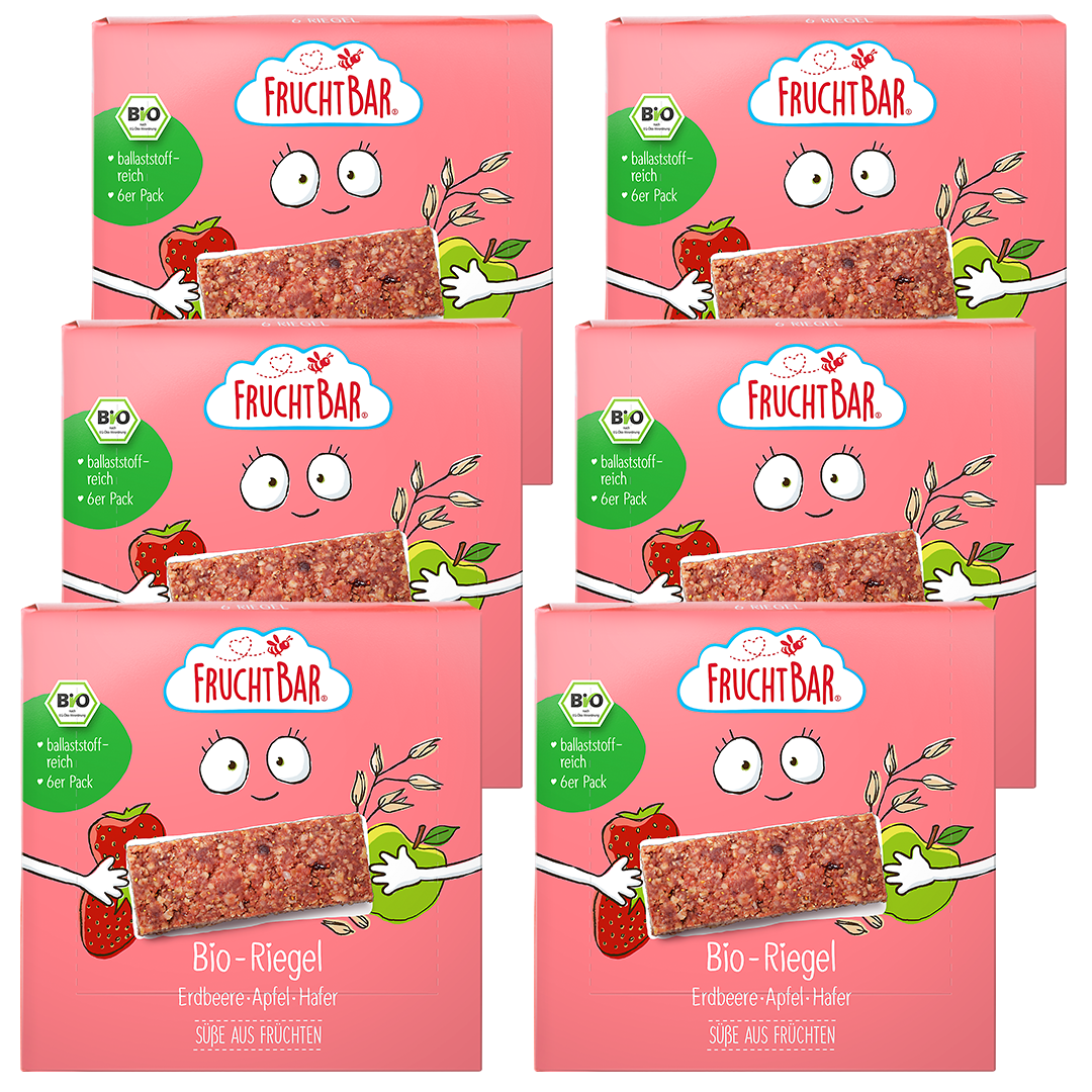 Bio Riegel Erdbeere, Apfel, Hafer - FruchtBar - 6er Vorratspack - Vorderseite
