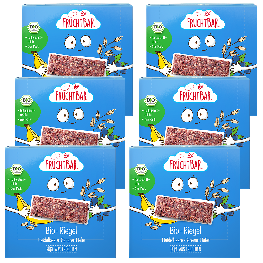 Bio Riegel Heidelbeere, Banane, Hafer - FruchtBar - 6er Vorratspack - Vorderseite