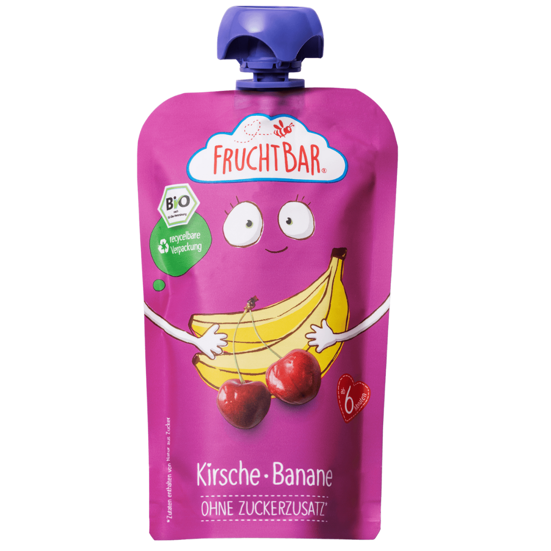 Bio Quetschie KiBa Beat Kirsche Banane mit Erzi Holzquetschie - FruchtBar - Einzelstück - Vorderseite