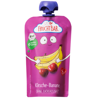 Bio Quetschie KiBa Beat Kirsche Banane mit Erzi Holzquetschie - FruchtBar - Einzelstück - Vorderseite
