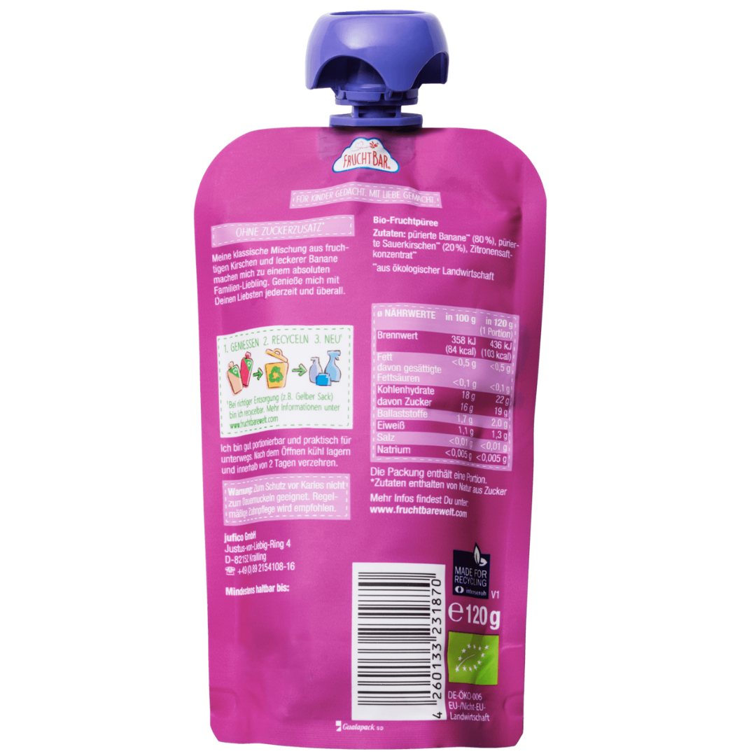 Bio Quetschie KiBa Beat Kirsche Banane mit Erzi Holzquetschie - FruchtBar - Einzelstück - Rückseite