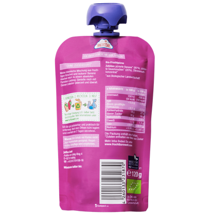 Bio Quetschie KiBa Beat Kirsche Banane mit Erzi Holzquetschie - FruchtBar - Einzelstück - Rückseite