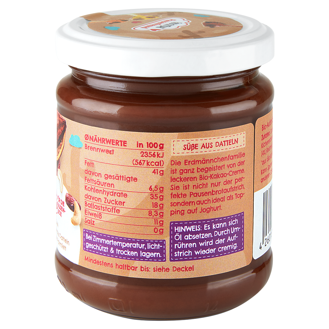 FruchtBar Bio Kakao Creme, Aufstrich für Kinder im Glas, Rückseite