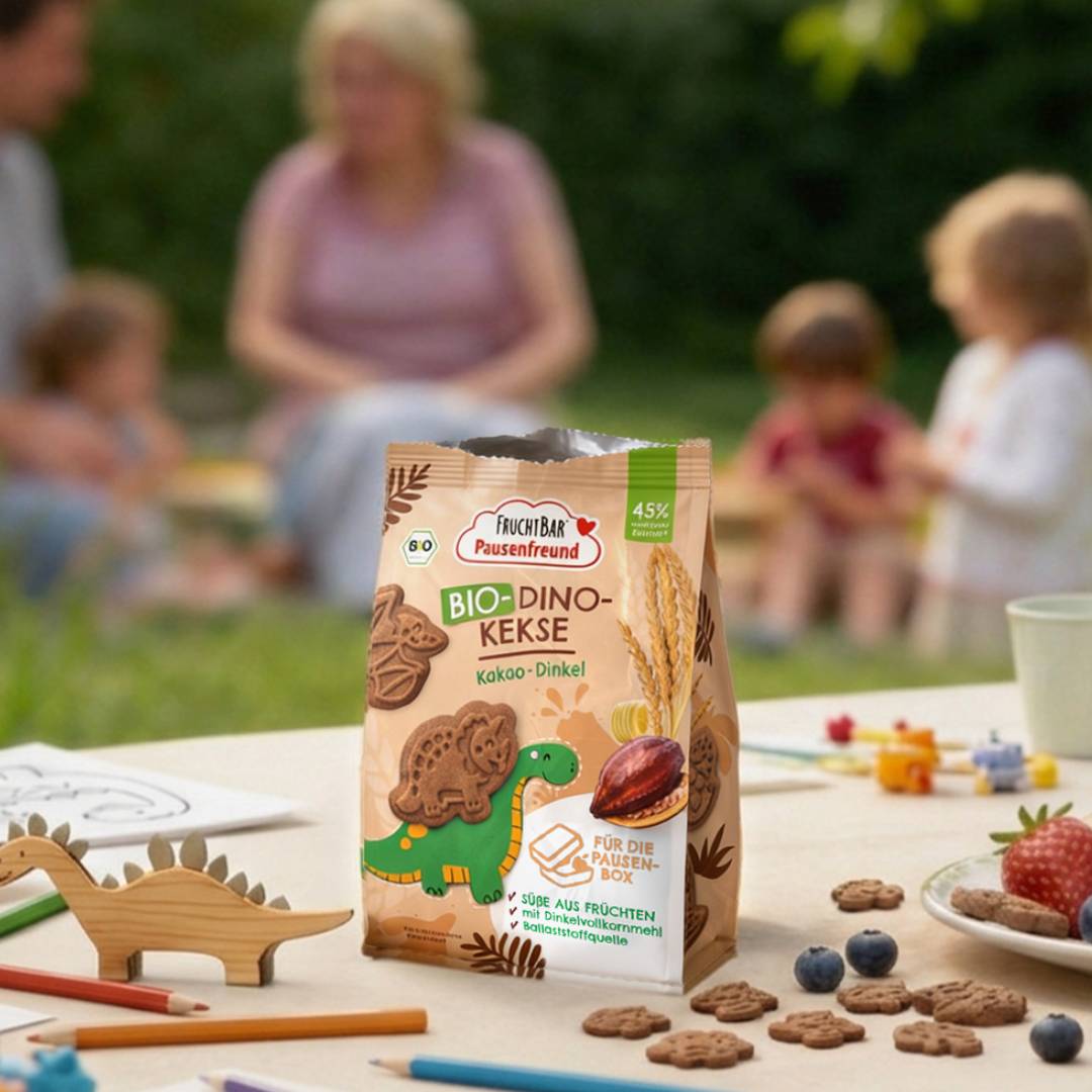 Bio Dino Kekse auf einem Tisch draußen im Garten, während eine Familie im Hintergrund spielt.