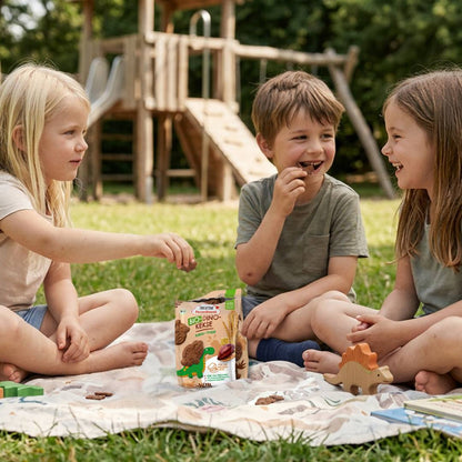Die Bio Dino Kekse werden von drei Kindern gegessen, während sie draußen auf einer Picknick-Decke sitzen und spielen. 