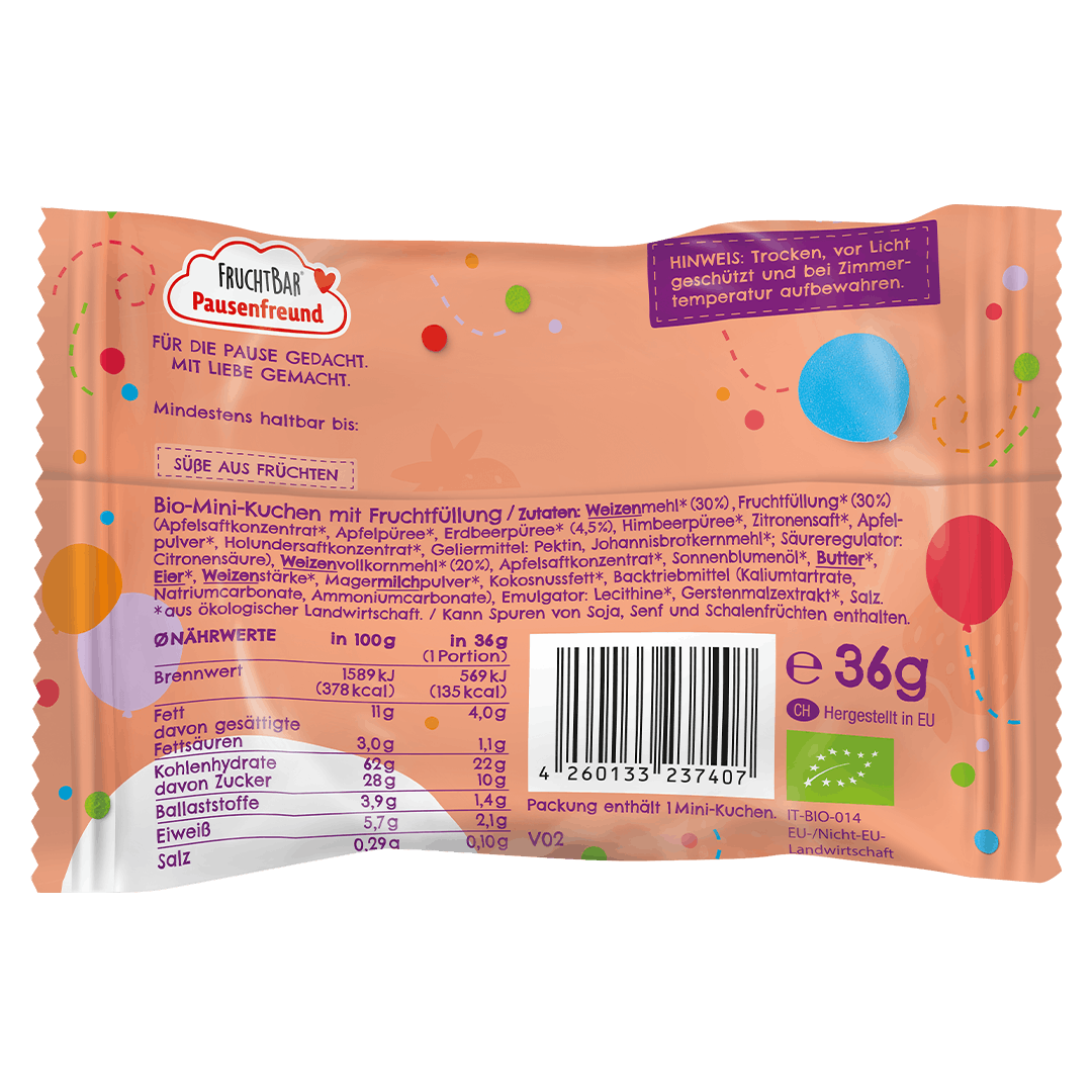 Bio Mini Kuchen-Fruchtbar Pausenfreund-Einzelstück-Rückseite