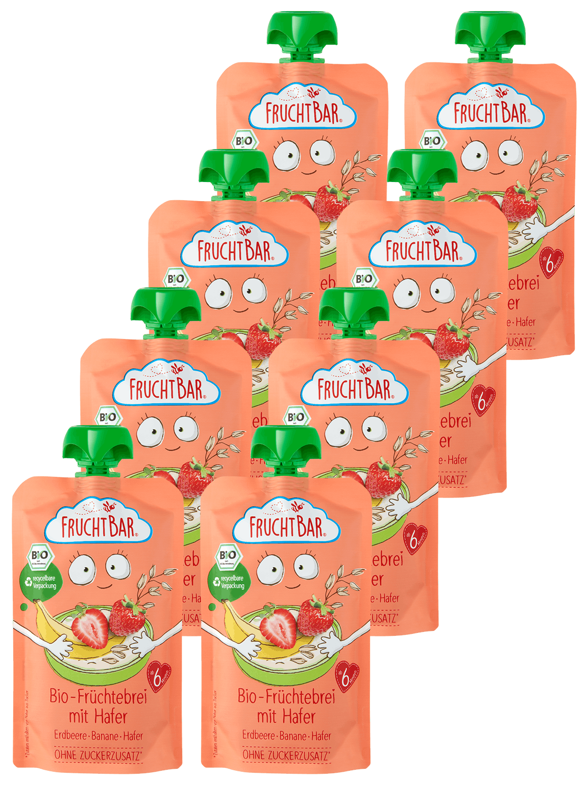 Bio Quetschie Früchtebrei mit Hafer, 120g - FruchtBar - 8er Vorratspack - Vorderseite