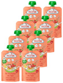 Bio Quetschie Früchtebrei mit Hafer, 120g - FruchtBar - 8er Vorratspack - Vorderseite