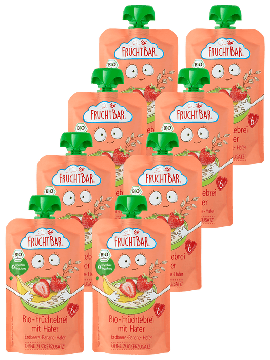 Bio Quetschie Früchtebrei mit Hafer, 120g - FruchtBar - 8er Vorratspack - Vorderseite