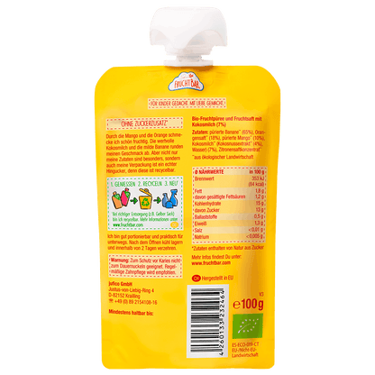 Bio Quetschie Mango, Orange, Kokosmilch, Banane - FruchtBar - Einzelstück - Rückseite
