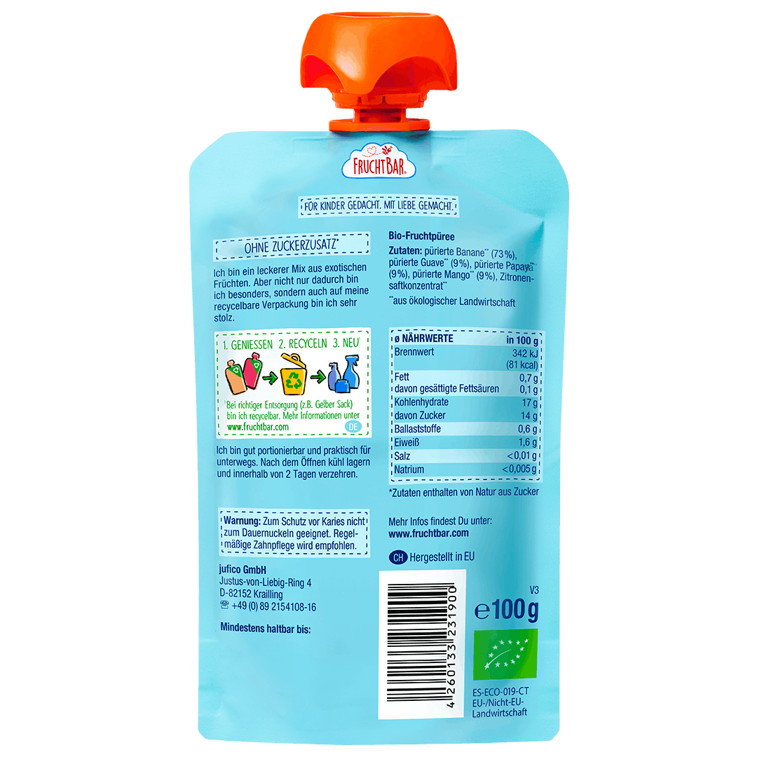 Bio Quetschie Guave, Papaya, Mango, Banane - FruchtBar - Einzelstück - Rückseite