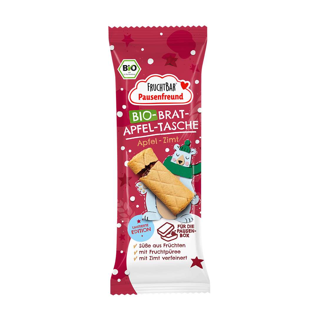 Bio Bratapfel Tasche mit Apfel und Zimt - Fruchtbar Pausenfreund - Einzelstück-Vorderseite