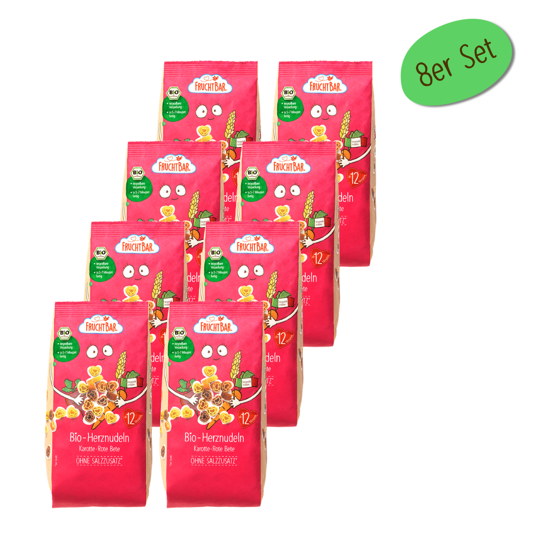 Bio Herznudeln Karotte, rote Bete - FruchtBar - 8er Vorratspack - Vorderseite
