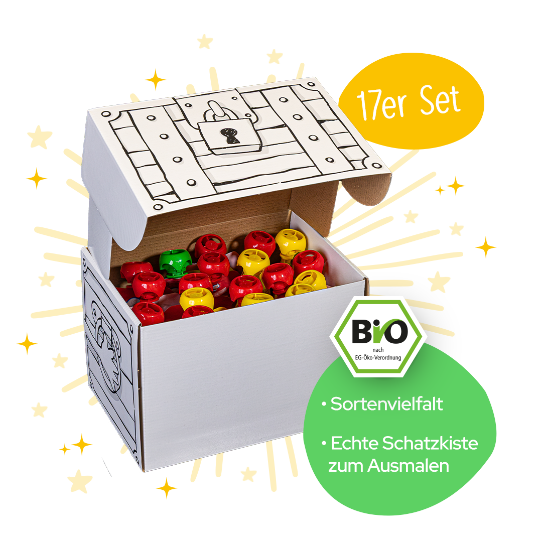 Schatzkiste - 17er Quetschie Set - Text in grüner Bubbel: Sortenvielfalt und Schatzkiste zum Ausmalen